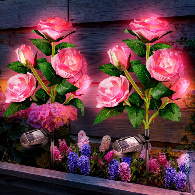 Anordsem Solar Garden Lights Outdoor: 10 Waterproof Fabric Roses Flower 2 Pack - LED Pink Landscape Lighting for Yard Cemetery Decorative - Christmas Gifts for Mom Homeowner Over 30 - Image 1